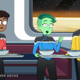 Mariner, Tendi, and Rutherford stand with their breakfast trays in a scene from Star Trek: Lower Decks.